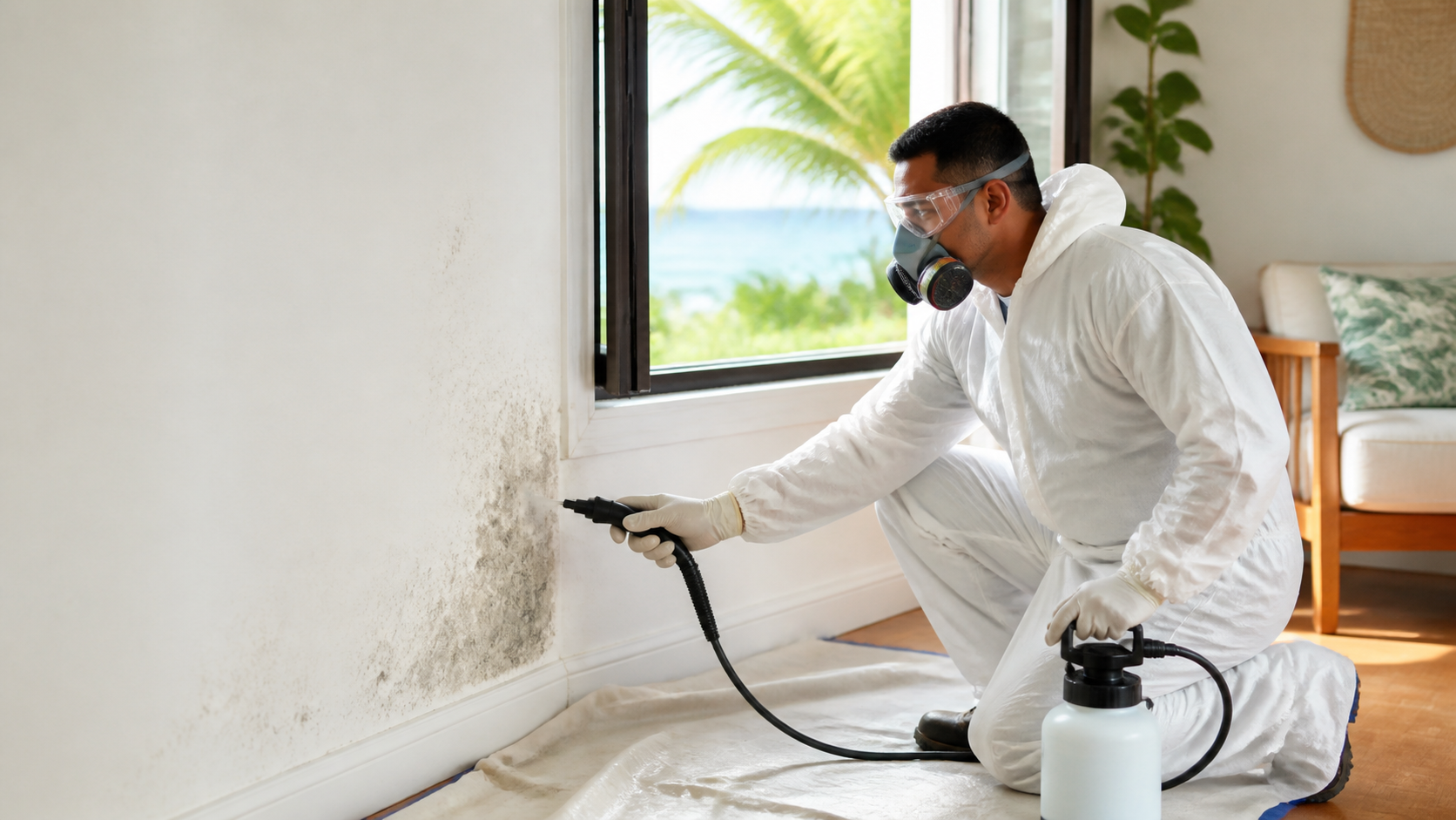 A mould removal technician treating a wall in a bright home.